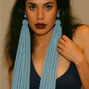 Powder Blue Handmade Tassel Earrings Extreme Length